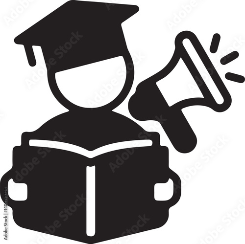 an illustration of a graduate reading a message aloud with a megaphone