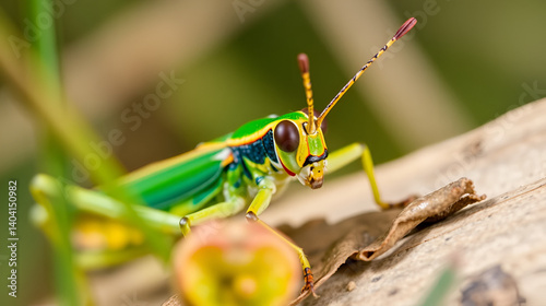 Close-Up Macro Photography of an Eastern Lubber Grasshopper in Its Natural Habitat, Capturing Vibrant Colors and Intricate Details of Wings and Antennae