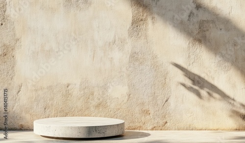 Minimalist Concrete Pedestal with Natural Sunlight Against Textured Wall Backdrop
