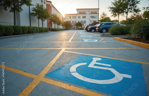 Car parking lot reserved for handicapped drivers. Blue wheelchair sign marking on concrete parking area. Handicapped parking space near supermarket or shopping mall. Accessibility concept.