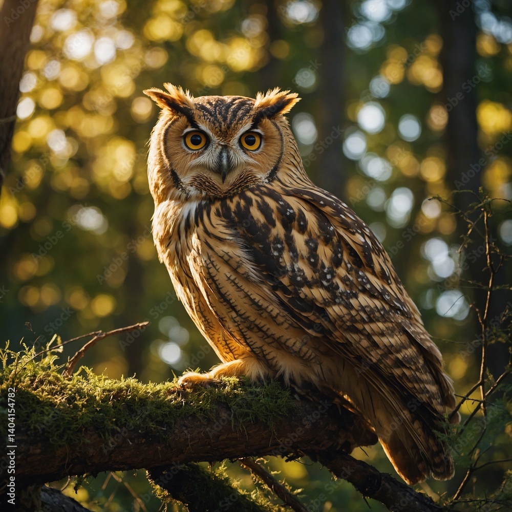 Fototapeta premium A golden owl resting in a sun-dappled forest.