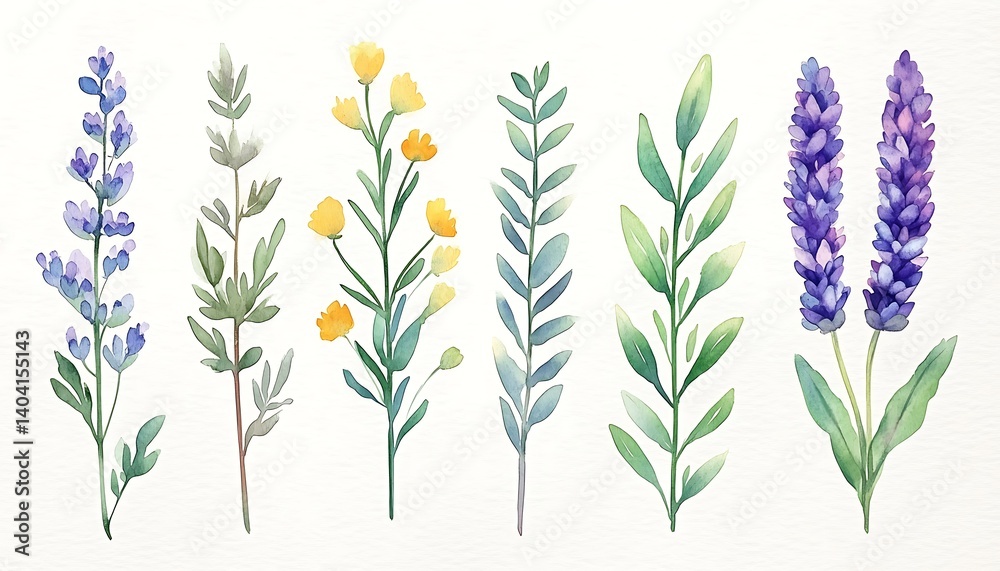 Fototapeta premium Watercolor Floral Set Herbs Flowers.