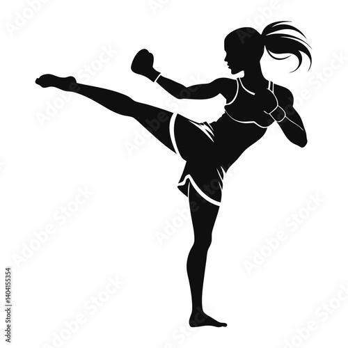 realistic silhouette of a female boxer in mid-kick vector illustration