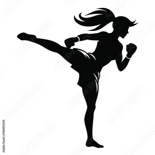 realistic silhouette of a female boxer in mid-kick vector illustration