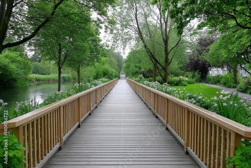 A natural park boardwalk with diverse birdlife and plant species