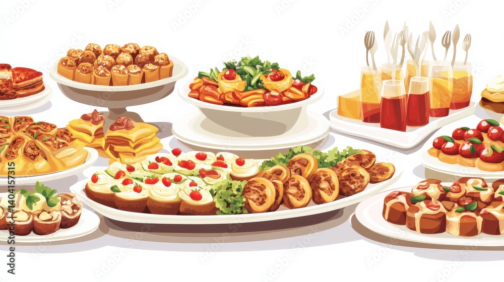 Fototapeta premium A vibrant display of assorted appetizers and desserts on elegant platters at a festive gathering