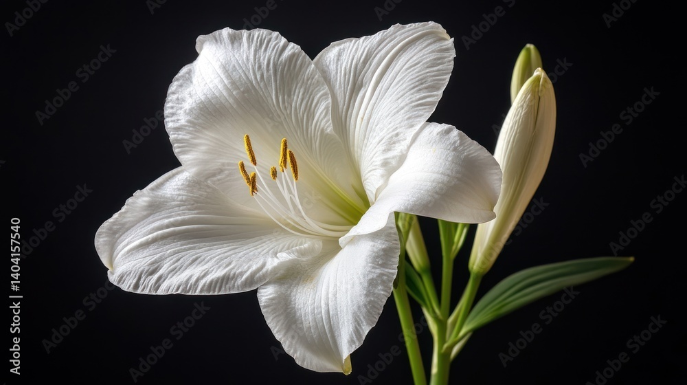 Fototapeta premium Elegant white lily with unopened buds against a stark black background