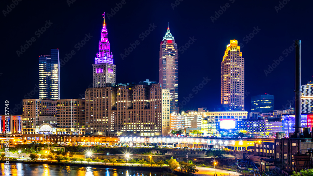 Cleveland, Ohio skyline by night. Cleveland is a major city in the U.S. state of Ohio and the county seat of Cuyahoga County.