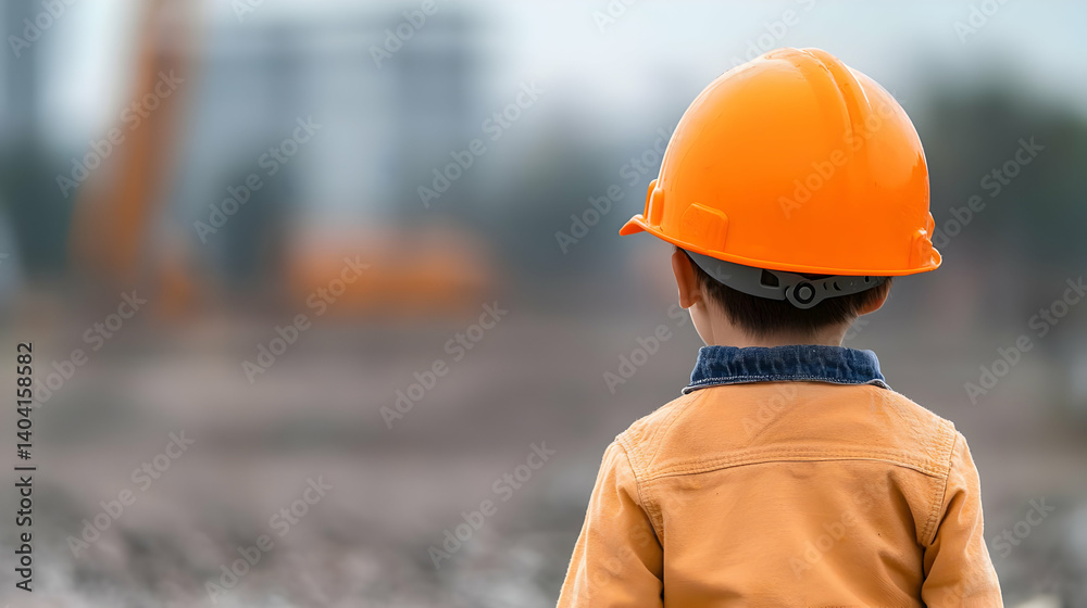 Young Child In Orange Construction Helmet Observing A Construction Site With Blurred Background Young Child In Orange Construction Helmet Observing A Construction Site With Blurred Background