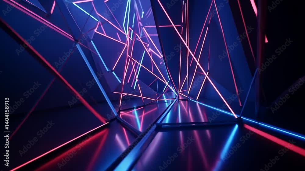 Abstract tunnel with geometric shapes lit by neon lights in blue and pink shades
