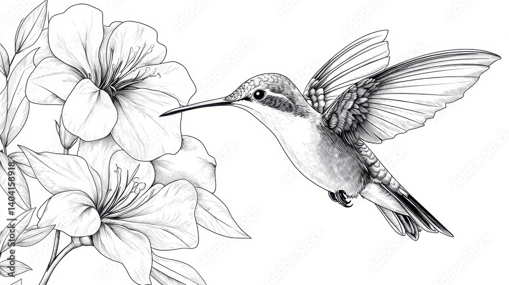 Fototapeta premium Hummingbird and Flowers Sketch Art