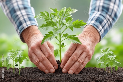 Hyper realistic close-up of a farmer hand planting a seed in fertile soil