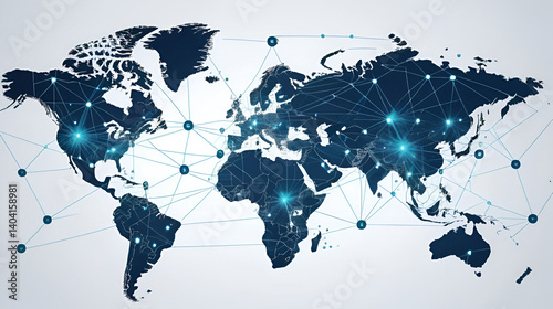 A world map overlaid with lines and nodes depicting the global connectivity of financial transactions enabled by AI and blockchain.