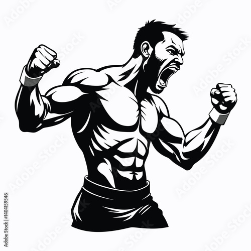 realistic silhouette of a boxer yelling while punching vector illustration