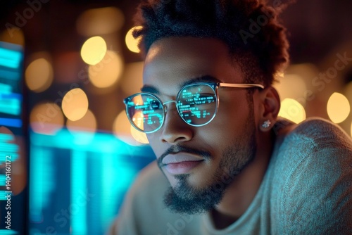 Network engineer looks very happy at the monitor in dark data center. Concept art of it. Enthusiast black young man in leisure, analytics reflections in his glasses. Man teaching coding. photo