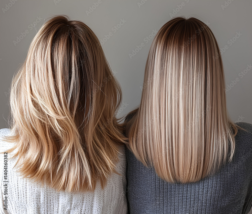 Naklejka premium Hair before and after straightening treatment on blonde woman