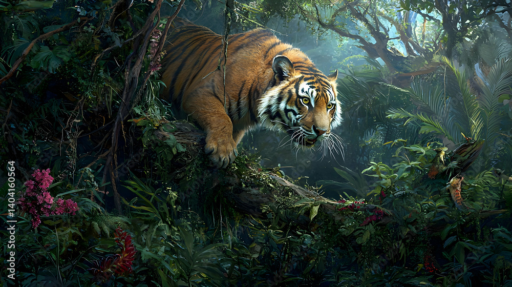 Tiger Perched On Tree Branch Amidst Dense Lush Green Jungle Foliage And Sunlight Shining Through Canopy