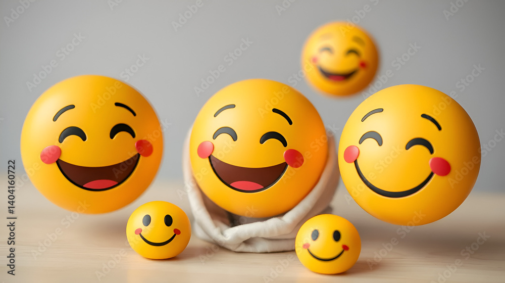 Fototapeta premium Smiley emojis happy smile beaming faces. Icon emoticons jovial considerate client communication. Interpersonal warmth touch solace symbolized Customer Assistance conversational star face expressions.