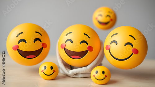 Smiley emojis happy smile beaming faces. Icon emoticons jovial considerate client communication. Interpersonal warmth touch solace symbolized Customer Assistance conversational star face expressions.
