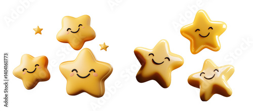 Cute cartoon stars with happy faces on transparent background, a collection of cheerful, cartoon star emoji 