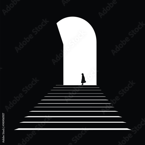 Silhouette of a person at the top of stairs leading to a bright archway
