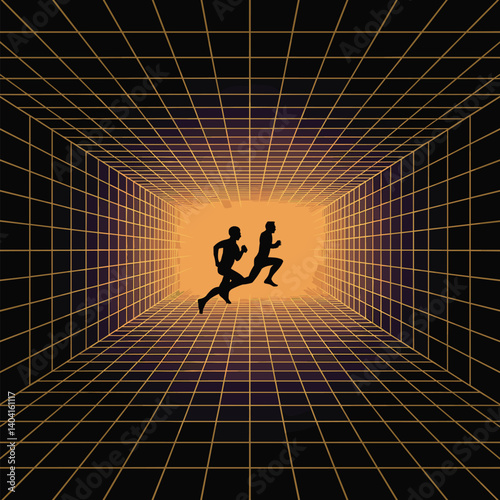 Silhouettes of two people running in a grid tunnel with a glowing light at the end

