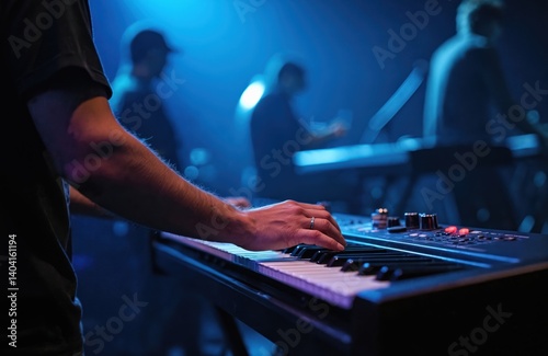 Musician plays keyboard synthesizer piano keys live concert. Performance, instrument on stage. Music, entertainment, band, gig, jazz, blues. Light, blue color, bokeh, musician silhouette.