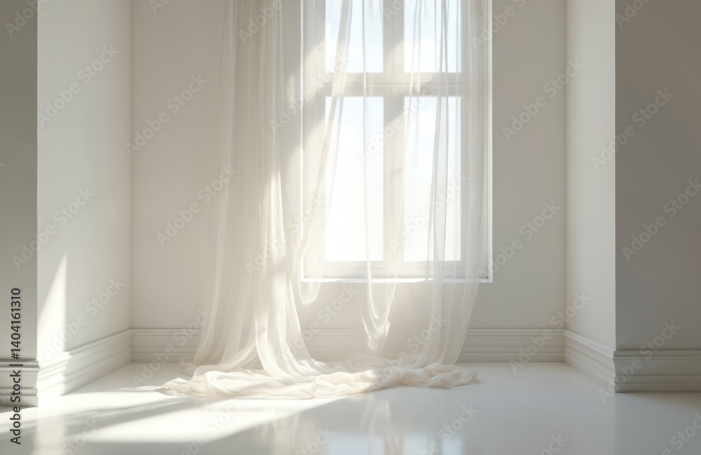 Sheer, transparent curtain fabric hangs near window in white room. Soft sunlight through window illuminates light textile creating airy, dreamy mood. Elegant home interior decor. Sheer, transparent curtain fabric hangs near window in white room. Soft sunlight through window illuminates light textile creating airy, dreamy mood. Elegant home interior decor.