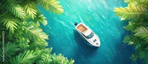 Tropical paradise boat trip, white motorboat navigating turquoise water framed by lush green tropical foliage