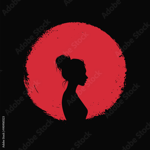 Silhouette of a thoughtful woman against a red circle
