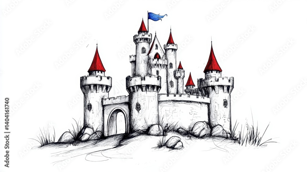 Obraz premium Fantasy Castle with Red Roofs and Flag