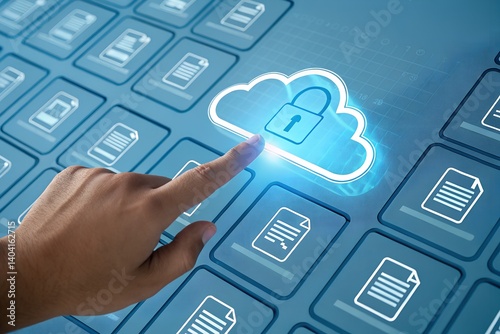 Cloud Security Concept: A hand reaches out to select a glowing blue cloud with a padlock icon, symbolizing secure cloud storage and data protection in a digital world of documents and information.