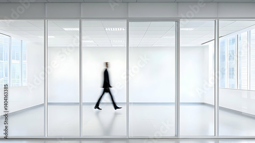 Blurred Silhouette Of A Businessman Walking In A Modern Glass Office Building