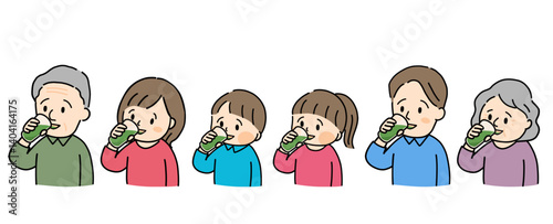 青汁を飲む家族のイラストセット