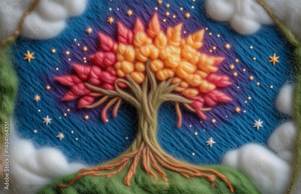 Fototapeta premium Here's the description and keywords: A vibrant embroidered tree, with colorful leaves that burst with light, stands against a starry night sky. The tree roots anchor it to the grassy earth. Soft cloud