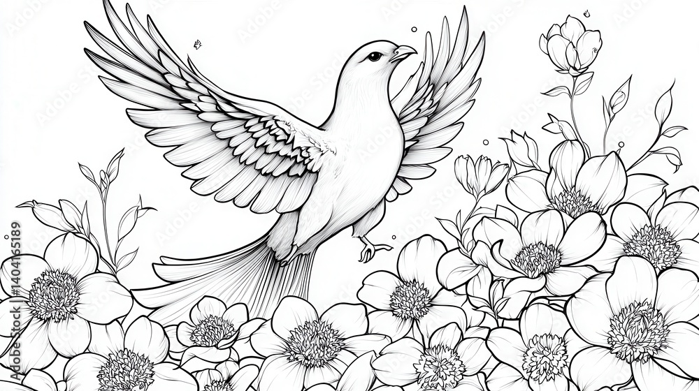 Fototapeta premium Elegant Bird Sketch Among Flower Blossoms