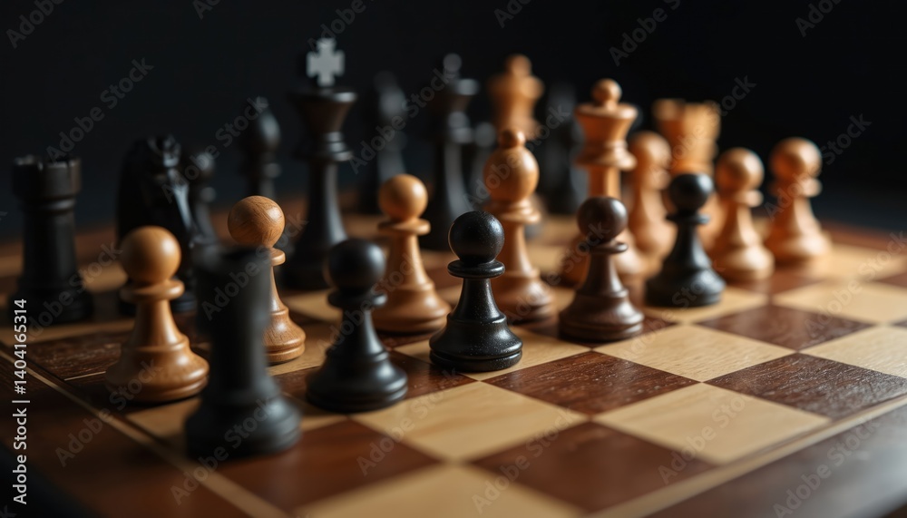 Chess pieces arranged on chessboard. Game strategy concept. Black pieces face white pieces in competition. Board wooden, pieces different. Challenge involves tactics, strategic thinking. Intellectual Chess pieces arranged on chessboard. Game strategy concept. Black pieces face white pieces in competition. Board wooden, pieces different. Challenge involves tactics, strategic thinking. Intellectual