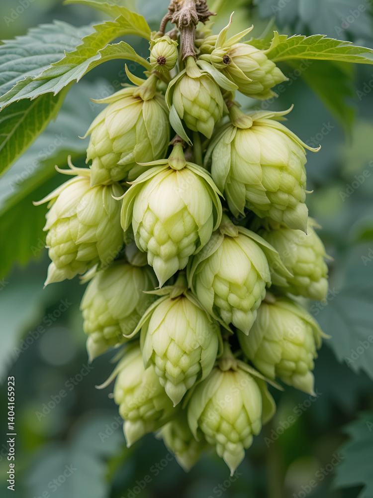 Fototapeta premium Common Hop, female cone-shaped blossoms and leaves, close up. Hops are flowers of the flowering plant Humulus lupulus. Vigorous climbing herbaceous perennial plant of the hemp family Cannabaceae.