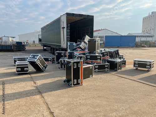 Loading or Unloading incident: road cases fell off a truck trailer at an industrial site