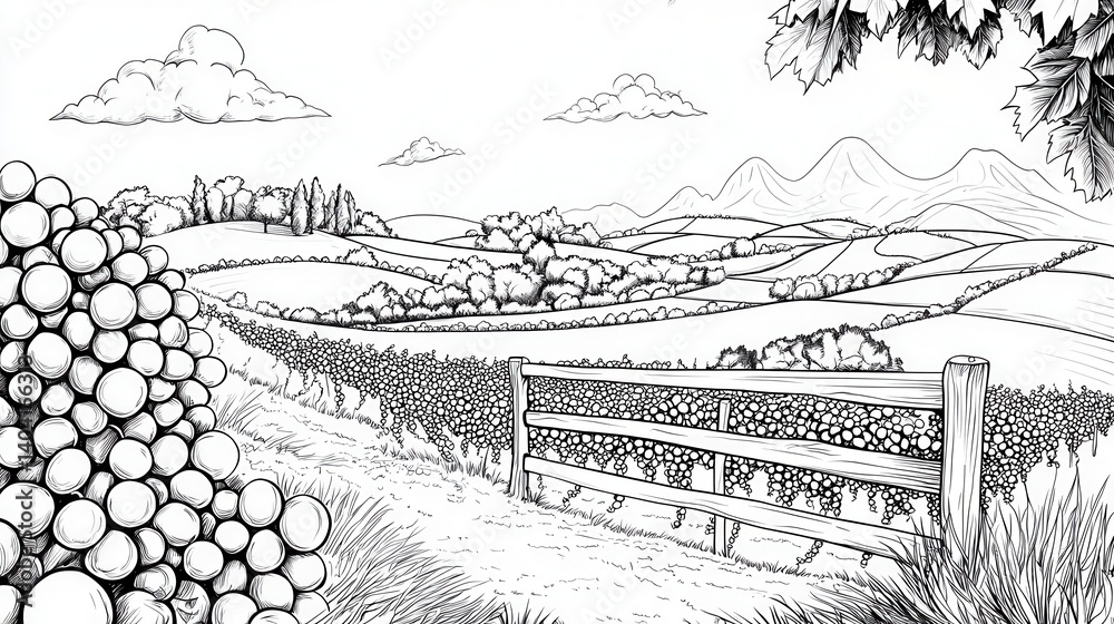 Fototapeta premium Scenic Vineyard Landscape in Black and White