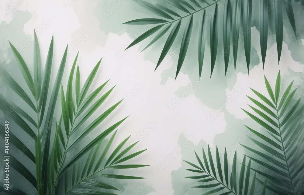 Green palm leaves frame a soft, watercolor wash backdrop. The tropical foliage brings a natural, calming vibe with its elegant fronds and gentle, painted background. Green palm leaves frame a soft, watercolor wash backdrop. The tropical foliage brings a natural, calming vibe with its elegant fronds and gentle, painted background.