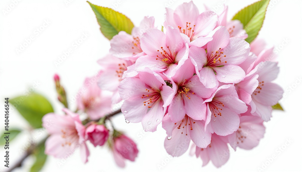 Fototapeta premium Sakura bouquet with dewdrops, soft pink petals, white backdrop, vivid, fresh, spring beauty.