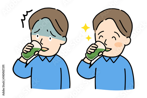 青汁に驚いた顔と、美味しそうに飲む顔の男性イラストセット
