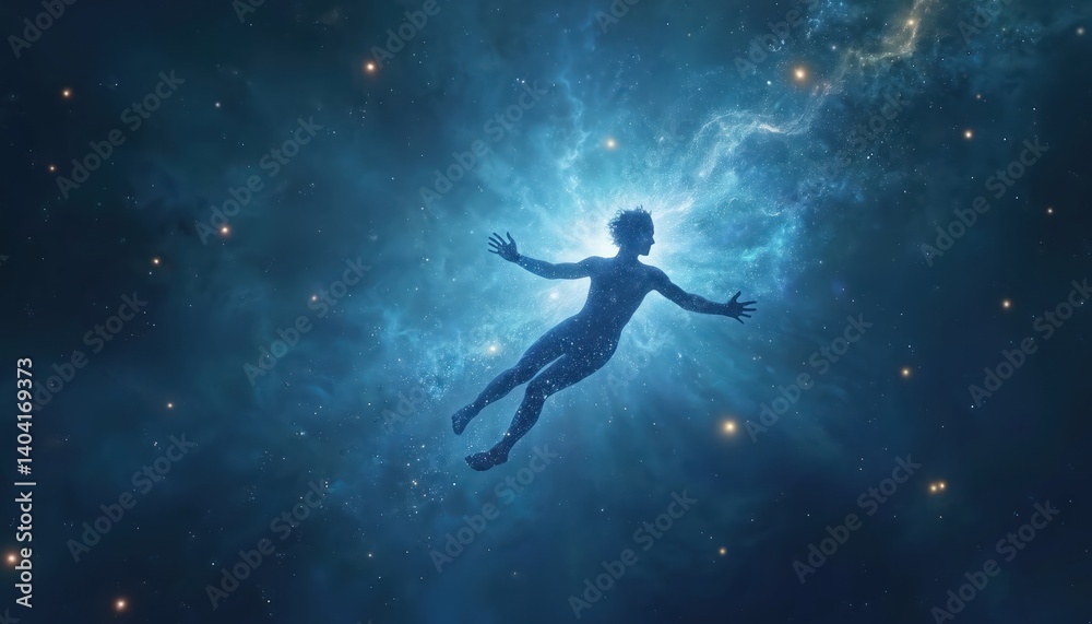 Astral traveler floats through cosmic ethereal plane. Silhouette in deep blue space. Surreal journey, meditation, spiritual experience. Exploring consciousness, inner world, astral projection, Astral traveler floats through cosmic ethereal plane. Silhouette in deep blue space. Surreal journey, meditation, spiritual experience. Exploring consciousness, inner world, astral projection,