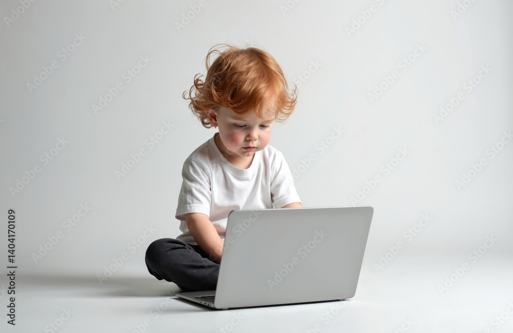 Smart toddler boy sits with laptop on white background. Child in white t-shirt and black pants uses computer. Modern education tech, kid, online learning, childhood development concept. Smart toddler boy sits with laptop on white background. Child in white t-shirt and black pants uses computer. Modern education tech, kid, online learning, childhood development concept.