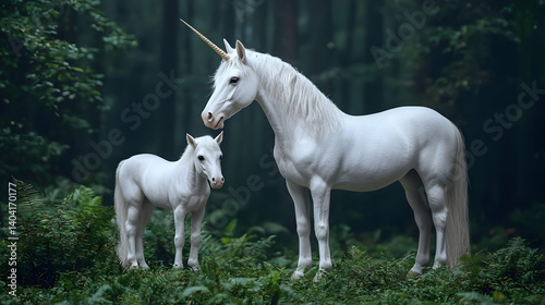 White Unicorn And Foal In Dark Forest