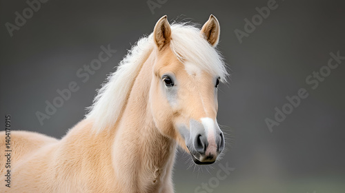 Portrait of a Palomino Pony with Blonde Mane Against a Grey Background