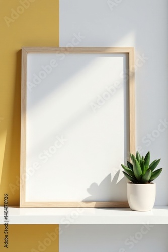 Simple frame and potted succulent on white shelf, green, succulent