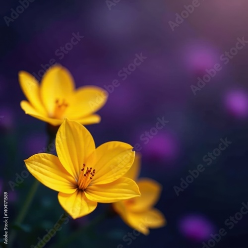 Bold yellow blossoms in a mysterious purple garden setting , petals, photography, bloom