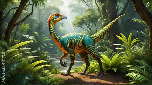 An artistic representation of an Oviraptor in lush environment, showcasing its vibrant features and natural habitat photo